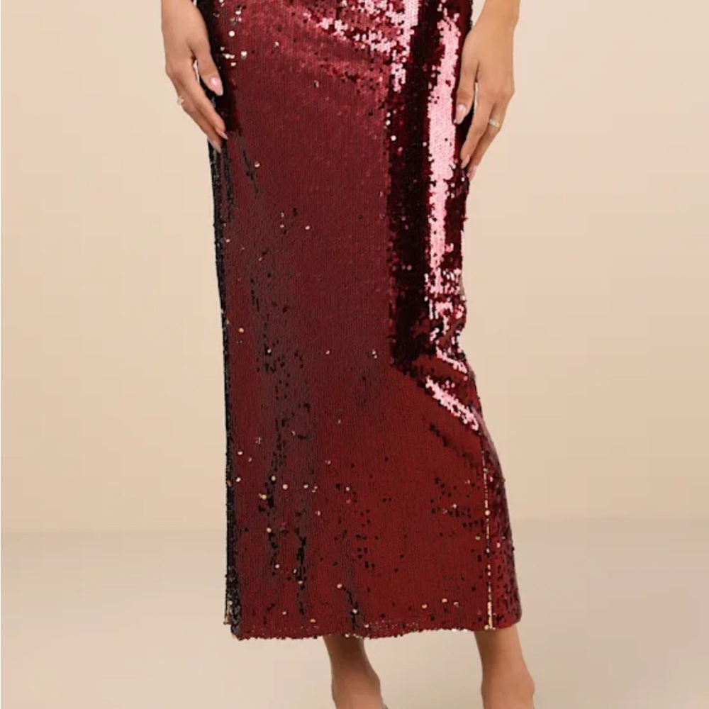 "Dazzling Appearance" Burgundy Sequin High-Rise Midi Skirt from Lulu's